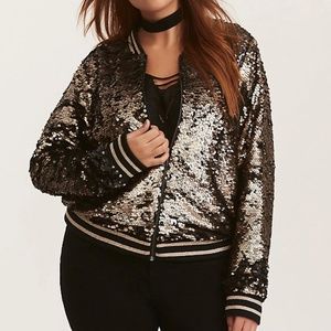 Torrid Black and Gold Sequin Bomber Jacket